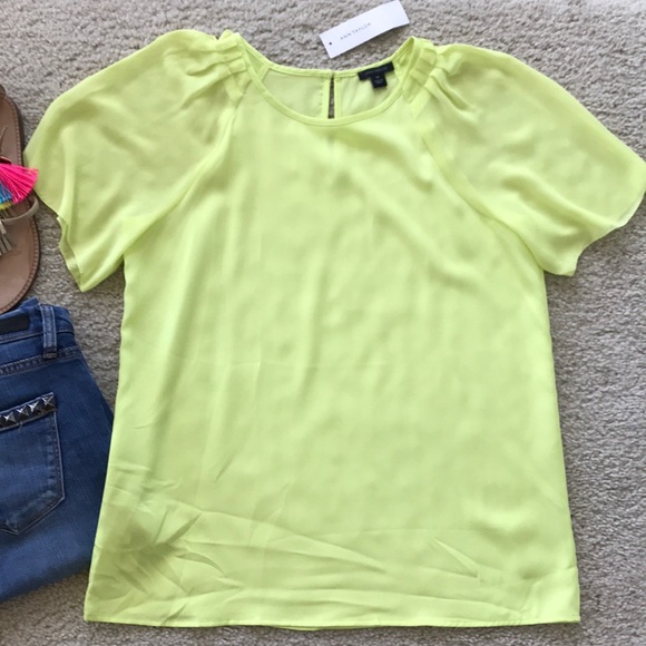 Ann Taylor Chartreuse Flutter Sleeve Top - Picture 2 of 6